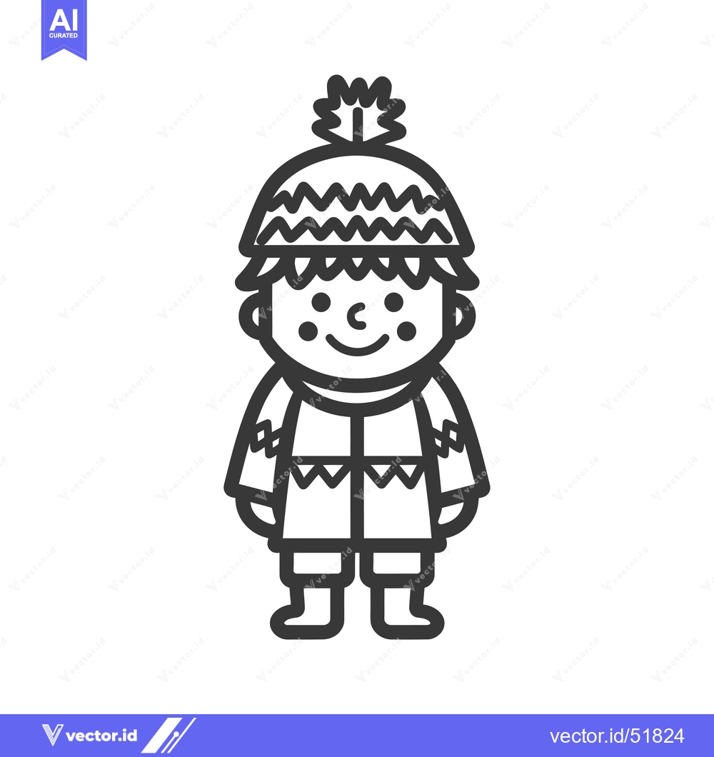 Premium Vector dari Line art illustration of a child wearing a winter hat and coat