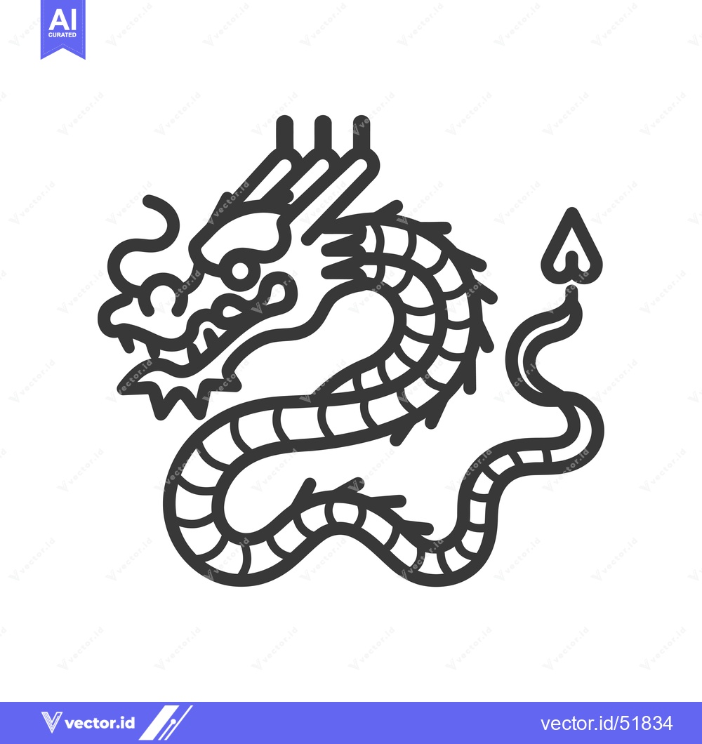 Premium Vector of Line Art Illustration of a Chinese Dragon with a Tail in a Flame Shape