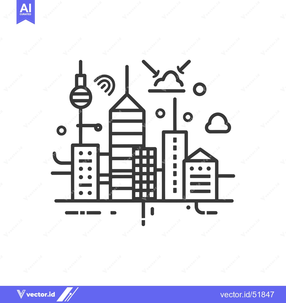 Premium Vector dari Line Art Illustration of a Cityscape with a Cloud and Wifi Symbol