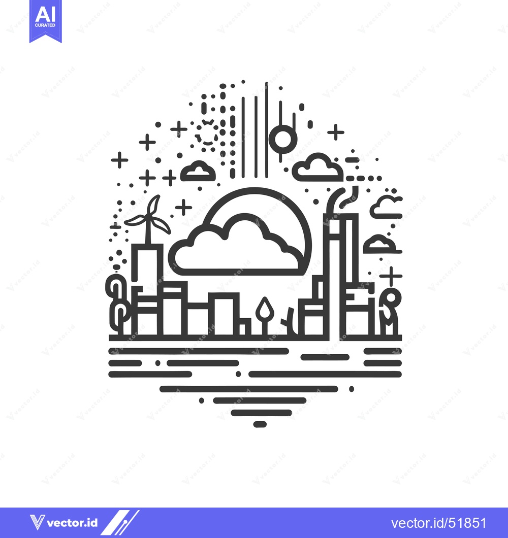 Premium Vector of Line Art Illustration of a Cityscape with Wind Turbine, Clouds, and Sm
