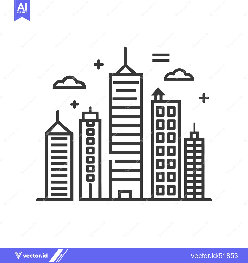 Premium Vector of Line Art Illustration of a City Skyline with Buildings and Clouds