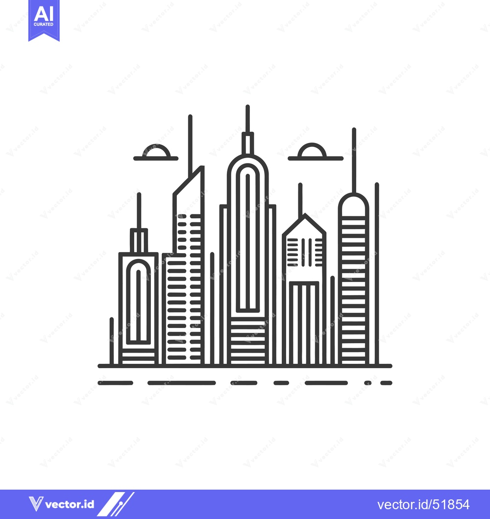 Premium Vector of Line Art Illustration of a City Skyline with Buildings and Clouds