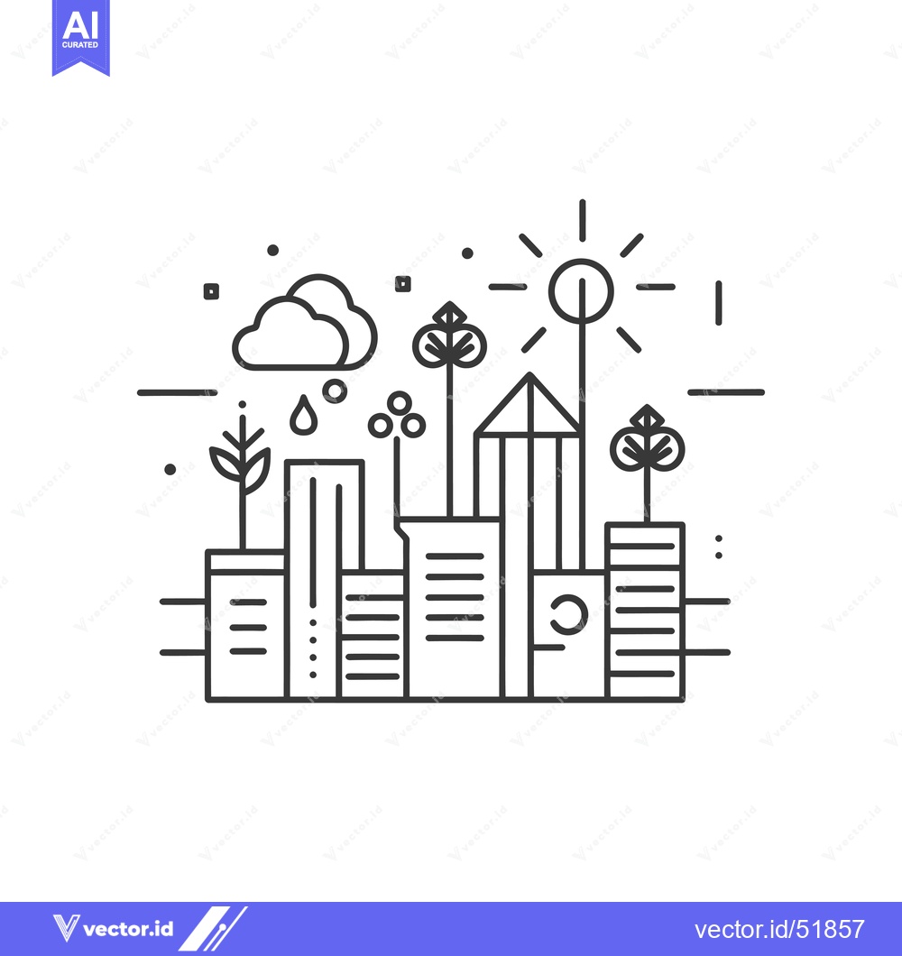 Premium Vector of Line art illustration of a city with buildings, trees, sun, and rain
