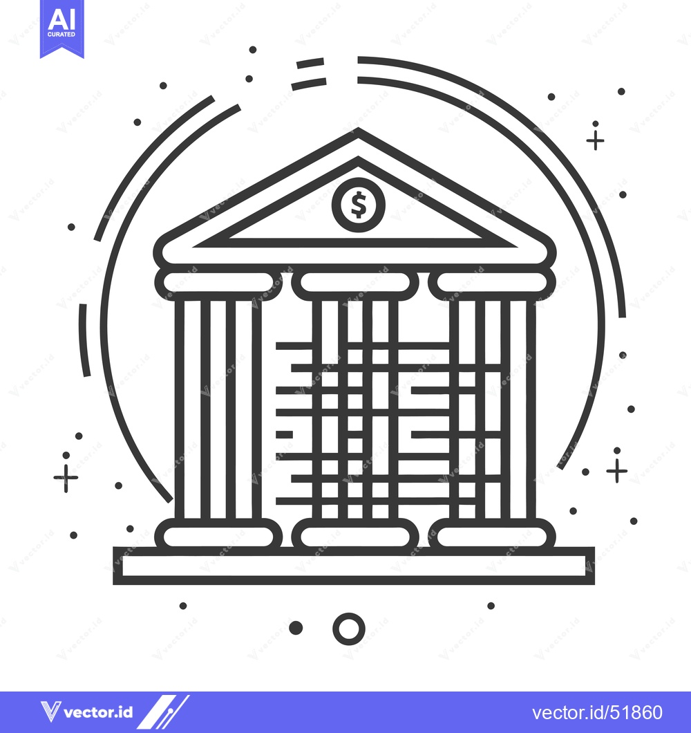 Premium Vector of Line Art Illustration of a Classic Bank Building with Columns