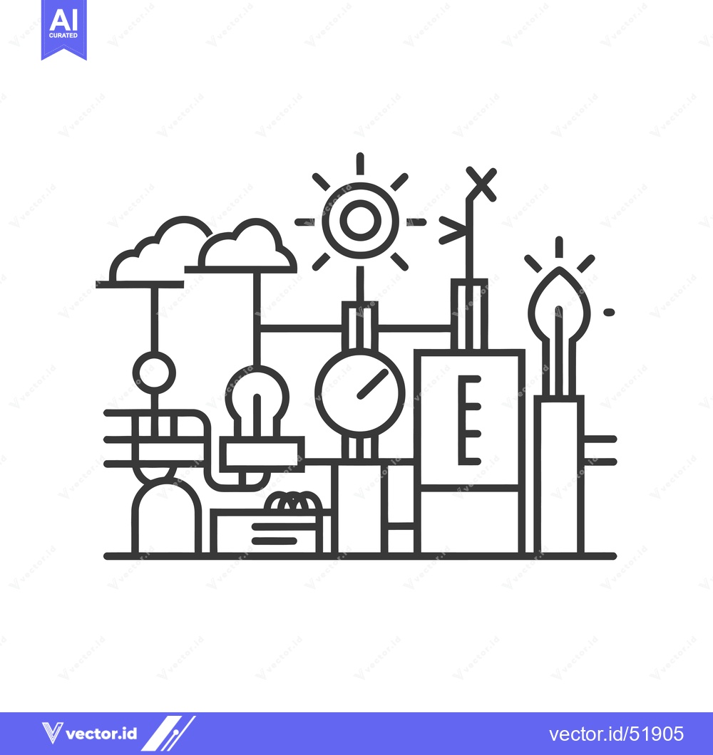 Premium Vector dari Line Art Illustration of a Complex System with Lightbulbs and a Gauge