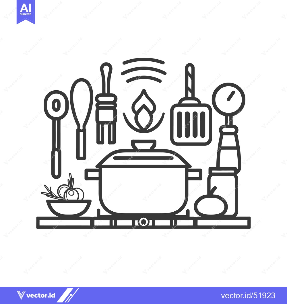 Premium Vector dari Line art illustration of a cooking pot and utensils
