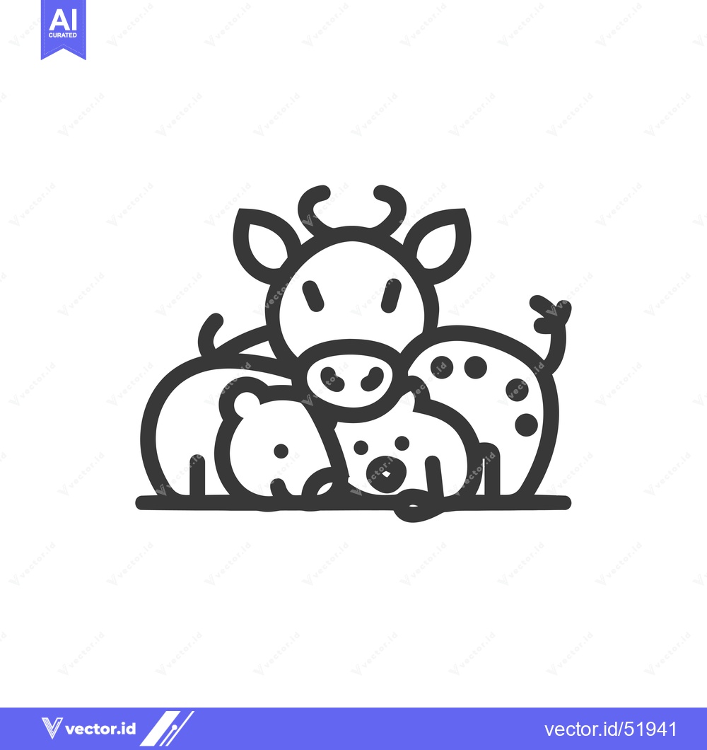 Premium Vector dari Line art illustration of a cow, pig, and bear huddled together