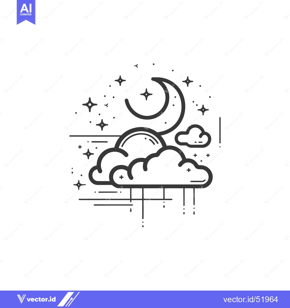 Premium Vector dari Line art illustration of a crescent moon, clouds, and stars