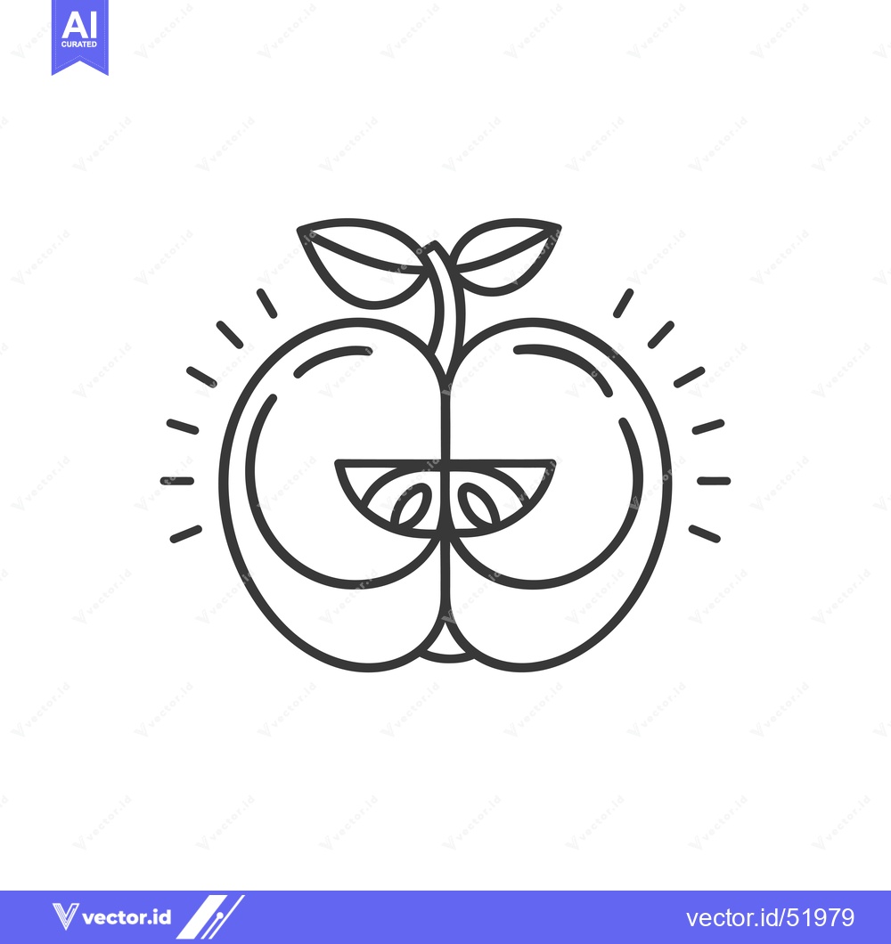 Premium Vector of Line Art Illustration of a Cut Apple with a Stem and Leaves