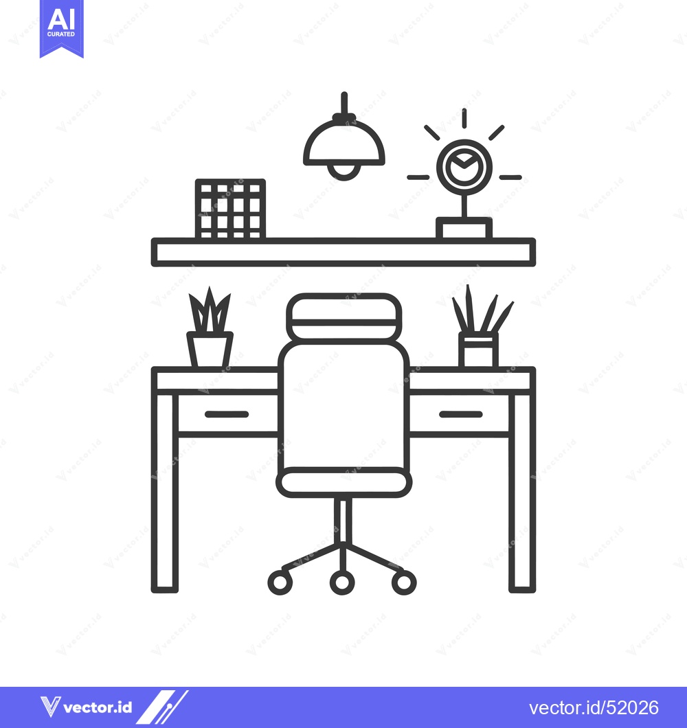 Premium Vector of Line Art Illustration of a Desk with a Chair, Plants, and Lights
