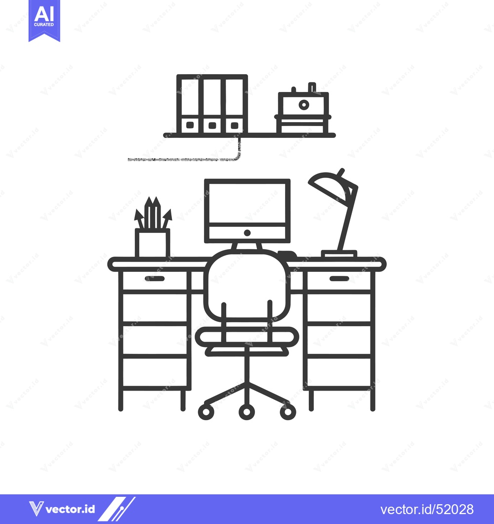 Premium Vector dari Line Art Illustration of a Desk with a Computer, Chair, and Desk Lamp