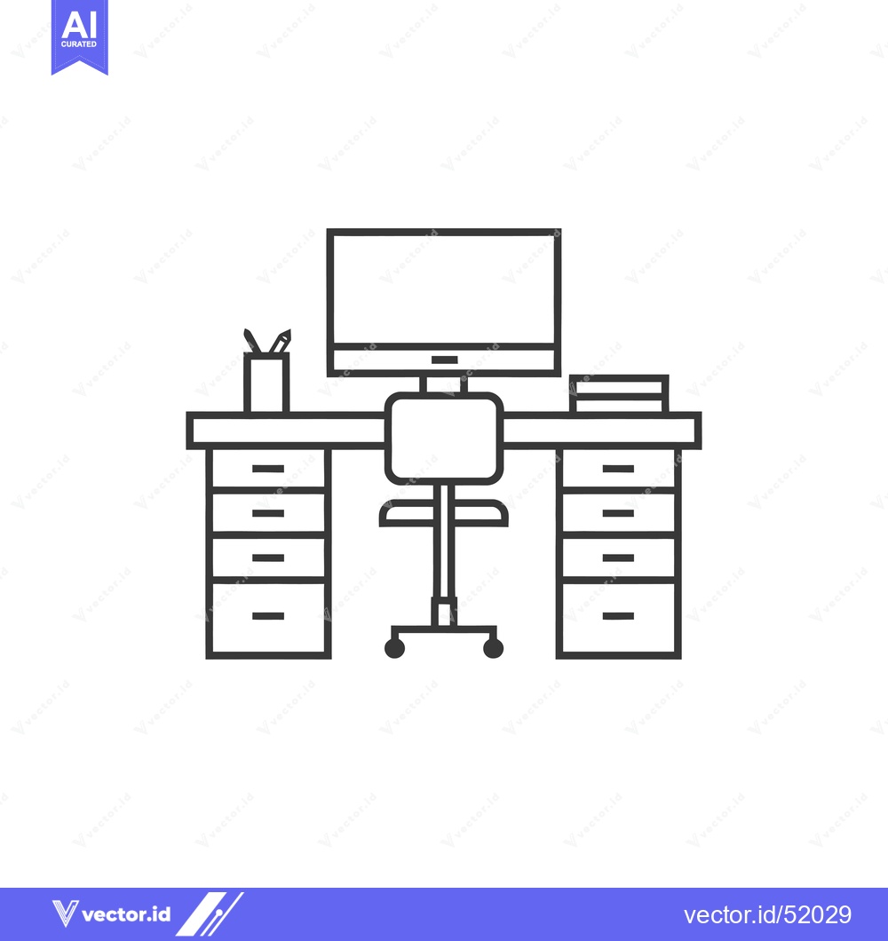 Premium Vector dari Line Art Illustration of a Desk with a Computer, Chair, and Drawers