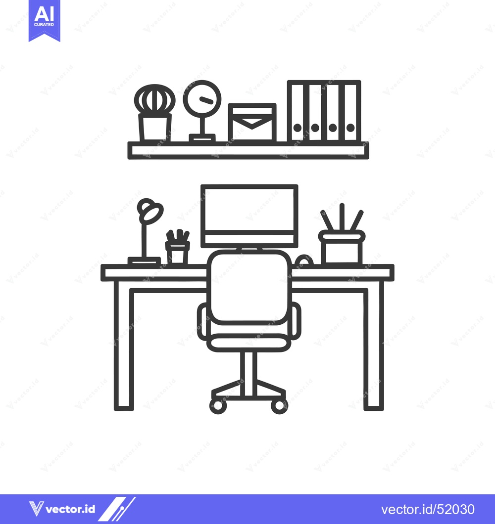 Premium Vector of Line Art Illustration of a Desk with a Computer, Chair, and Shelf