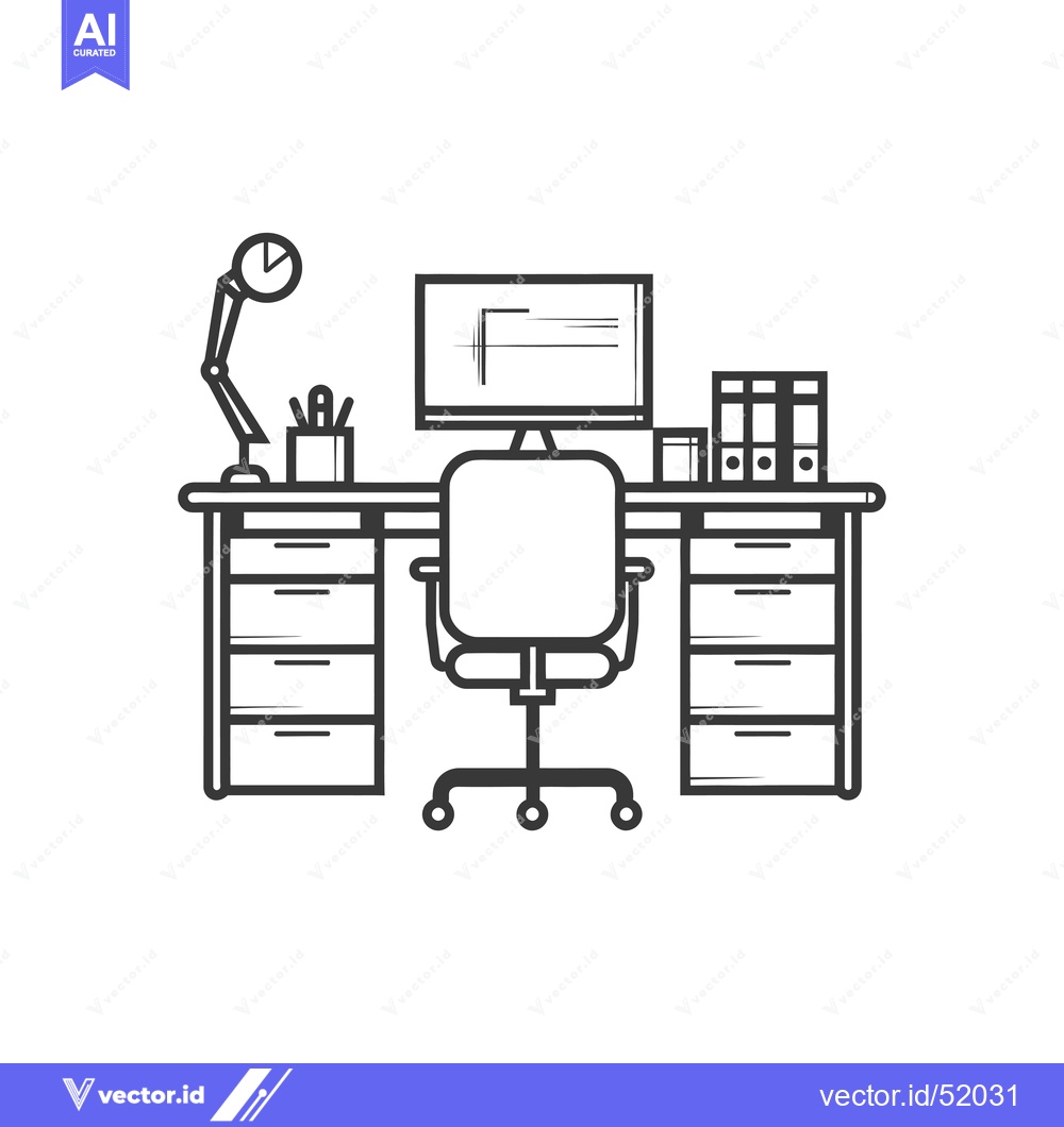 Premium Vector dari Line art illustration of a desk with a computer, chair, lamp, and draw