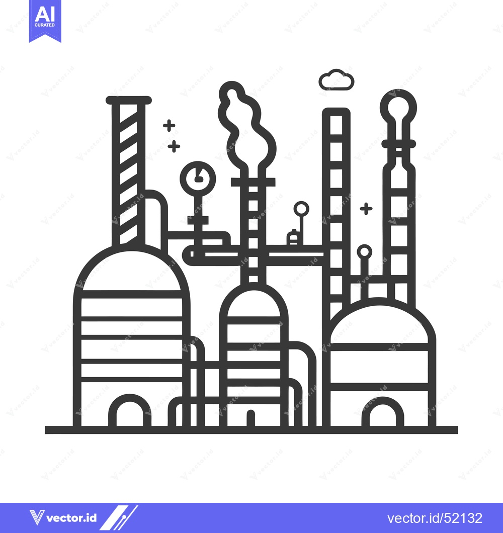 Premium Vector of Line art illustration of a factory with smoke and clouds