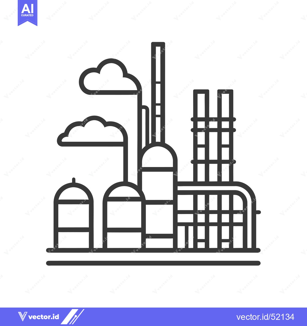 Premium Vector of Line Art Illustration of a Factory with Smoke Stacks and Clouds