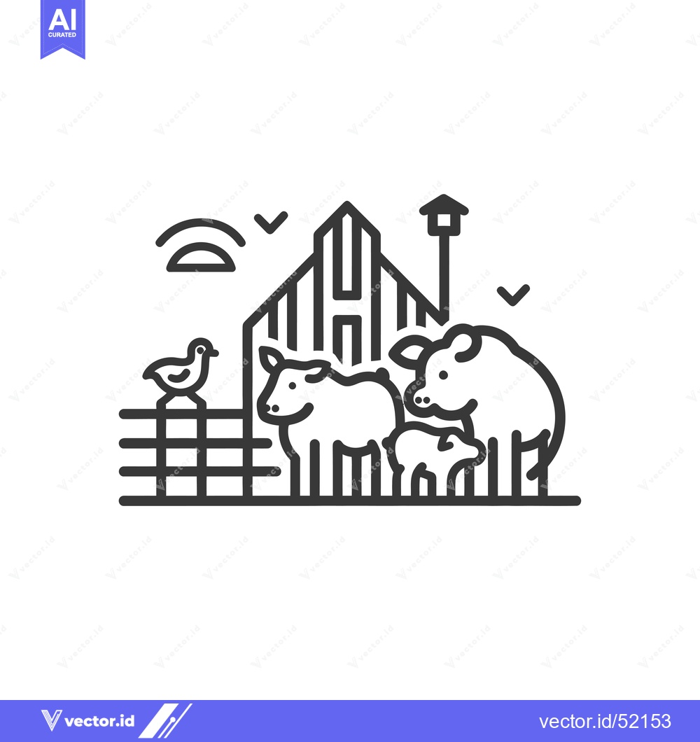 Premium Vector dari Line art illustration of a farm with a barn, animals, and a bird