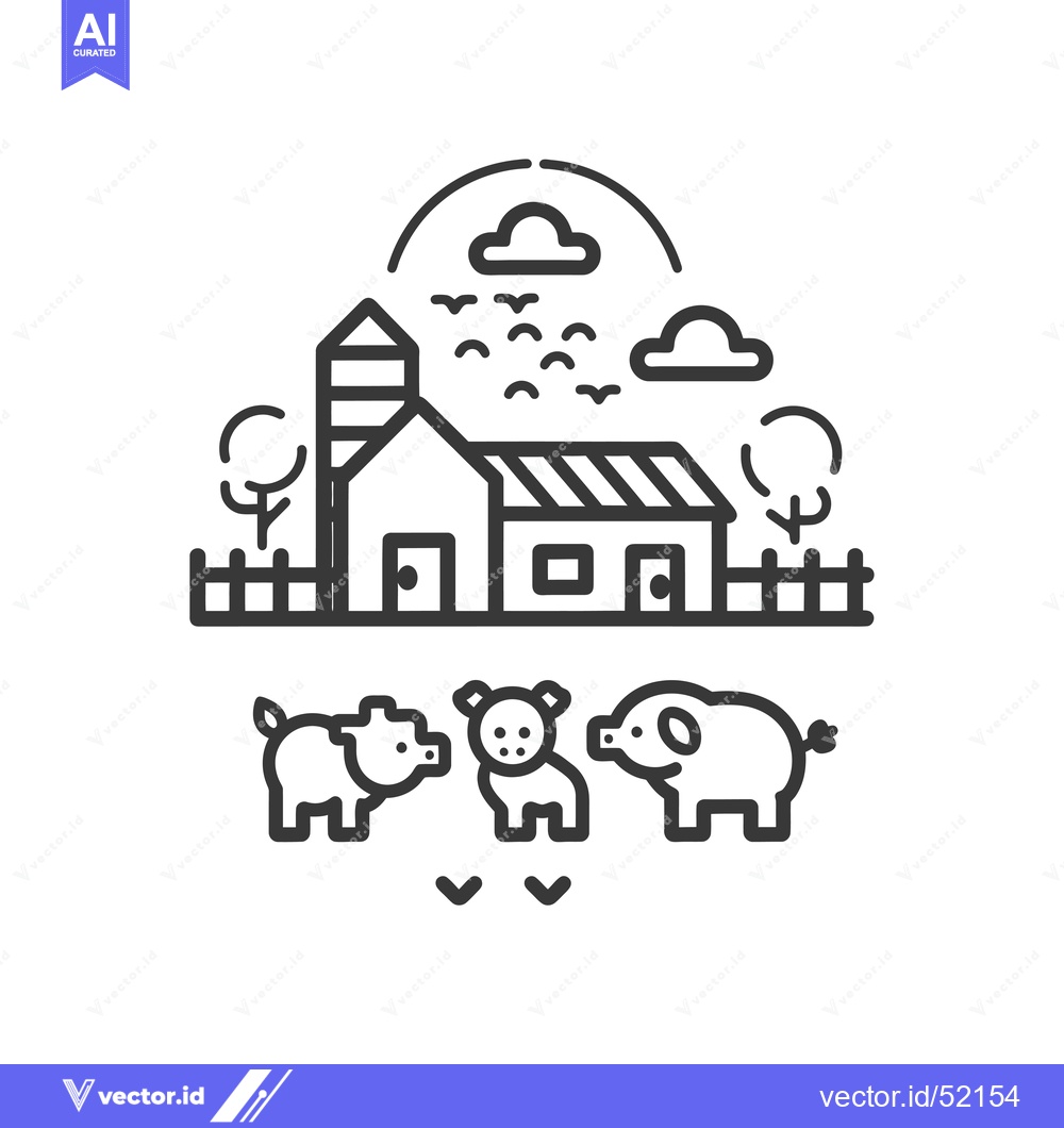 Premium Vector of Line art illustration of a farm with pigs