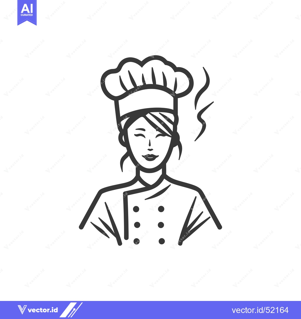 Premium Vector of Line Art Illustration of a Female Chef with a Smiling Face