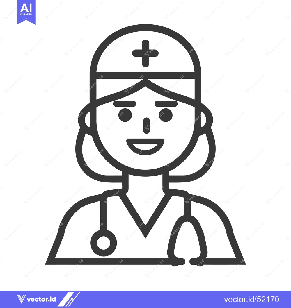 Premium Vector of Line art illustration of a female doctor wearing a hat with a cross an