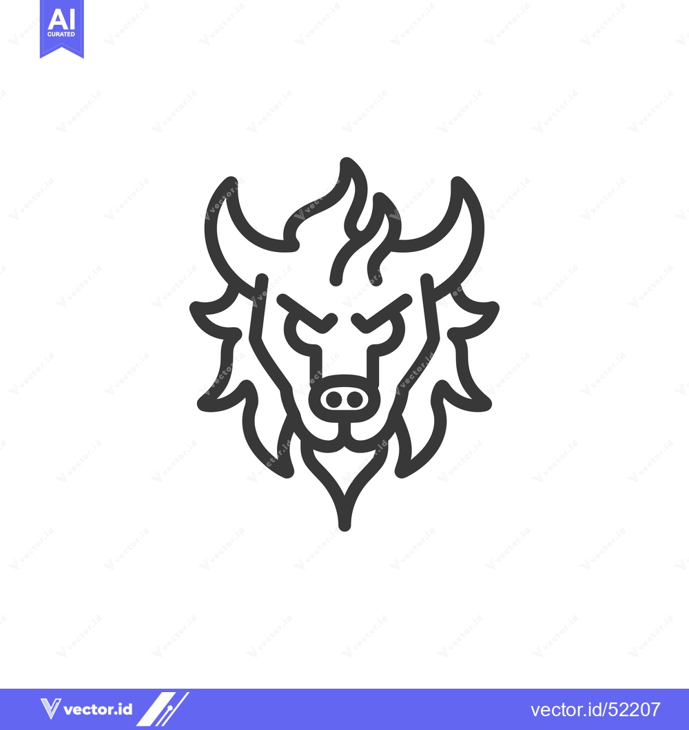 Premium Vector of Line Art Illustration of a Fierce Bull's Head with Horns and Flames
