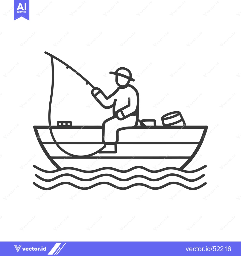 Premium Vector of Line Art Illustration of a Fisherman in a Boat