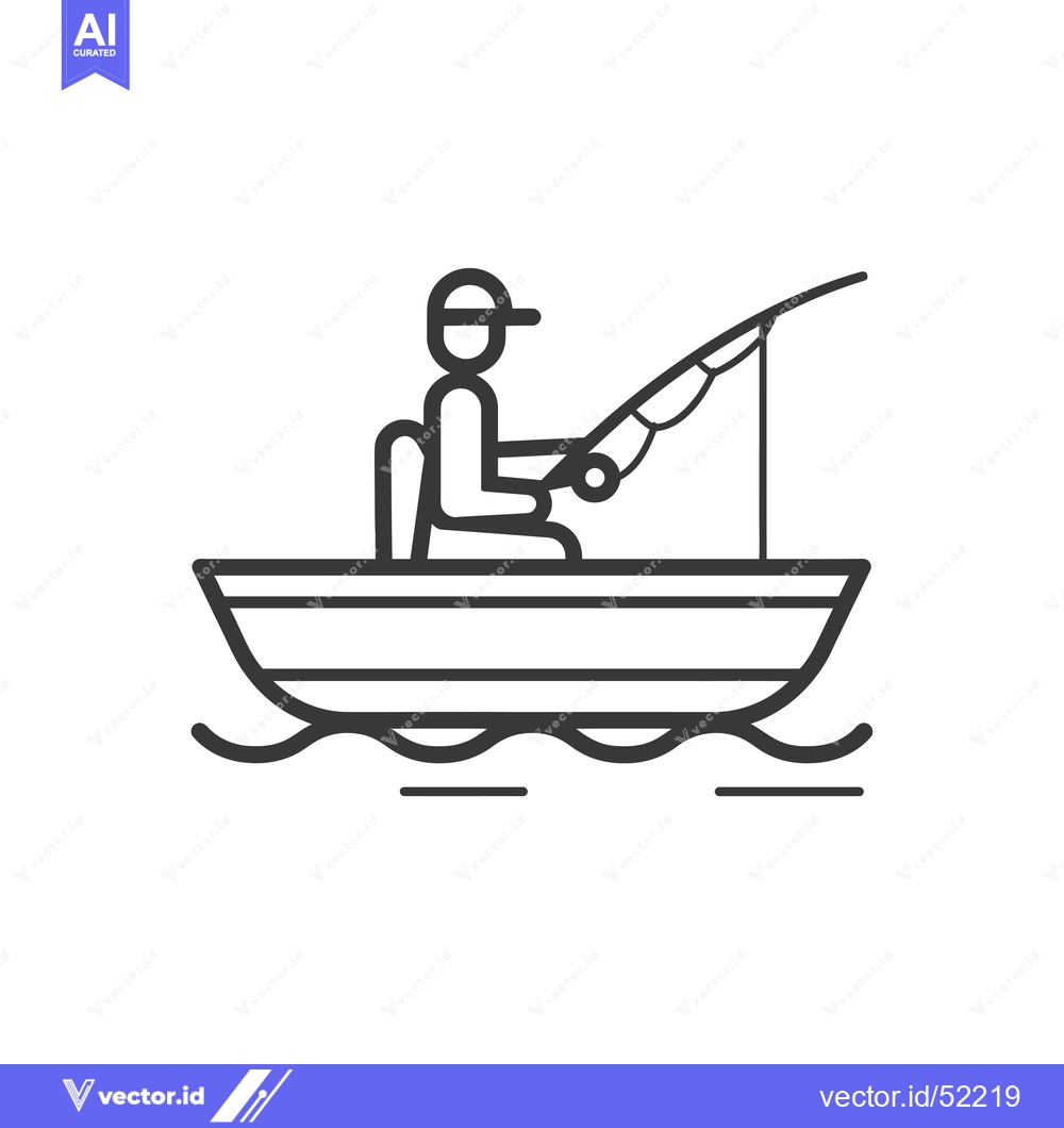 Premium Vector of Line art illustration of a fisherman in a boat, fishing