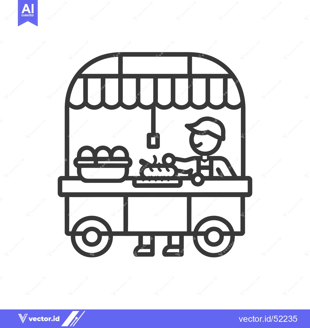 Premium Vector dari Line Art Illustration of a Food Cart with a Vendor and Food
