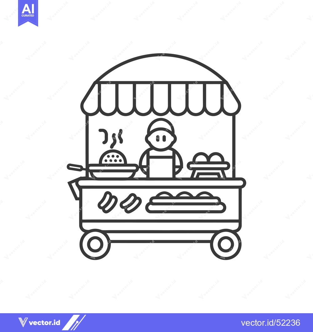 Premium Vector of Line Art Illustration of a Food Cart with a Vendor and Various Foods