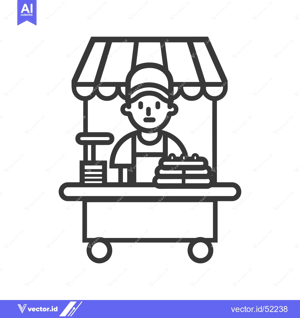 Premium Vector of Line Art Illustration of a Food Vendor Cart with a Person Selling Food