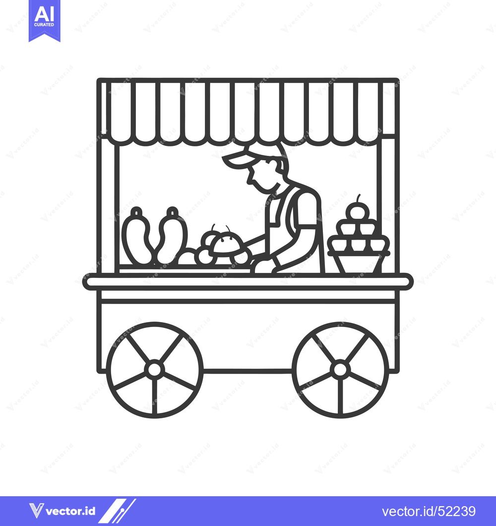 Premium Vector dari Line Art Illustration of a Food Vendor Cart with a Seller and Produce