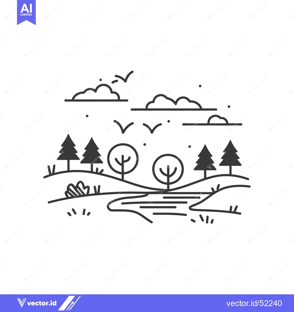 Premium Vector of Line Art Illustration of a Forest with a River and Birds Flying Overhe