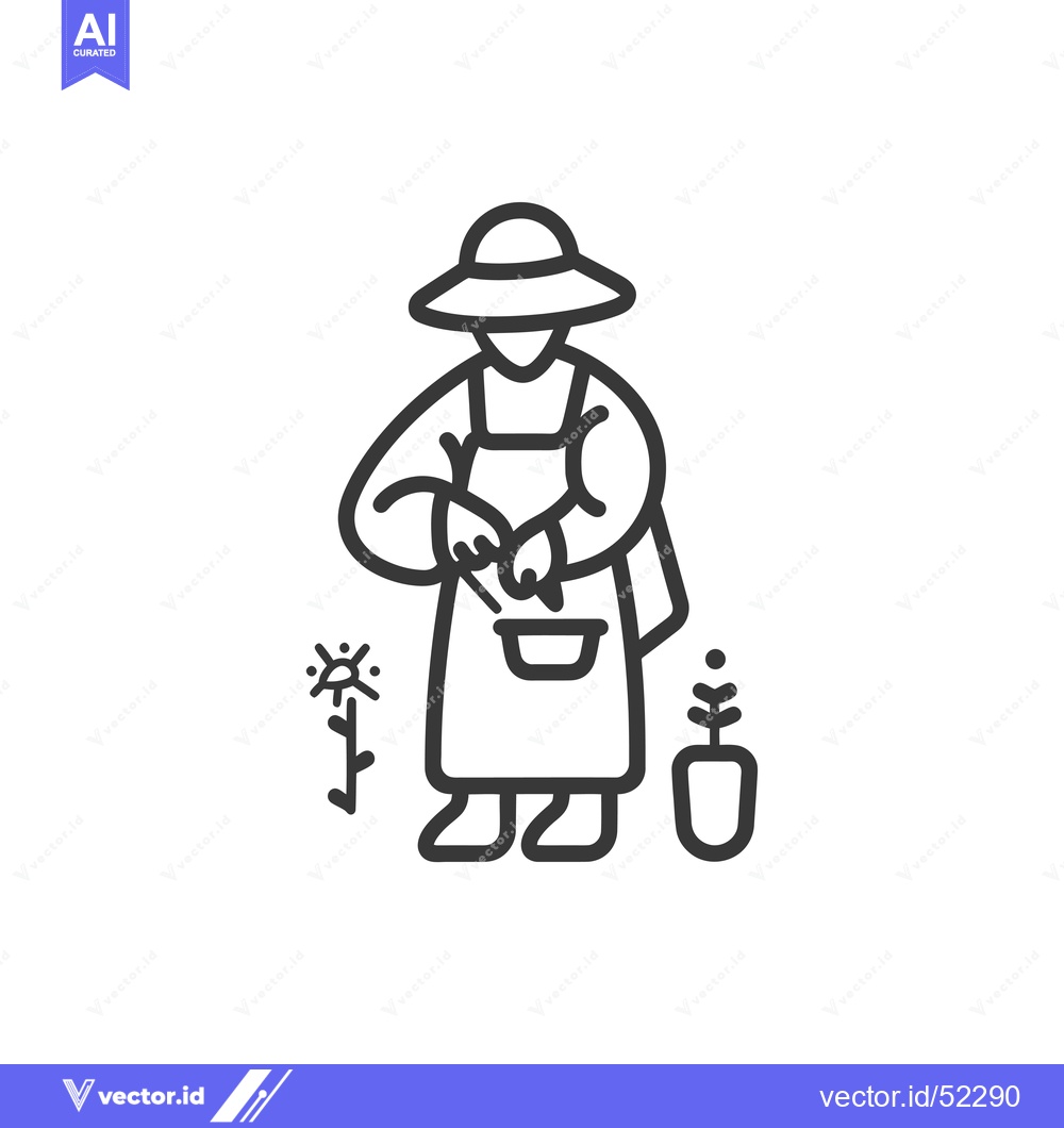 Premium Vector of Line Art Illustration of a Gardener with Plants