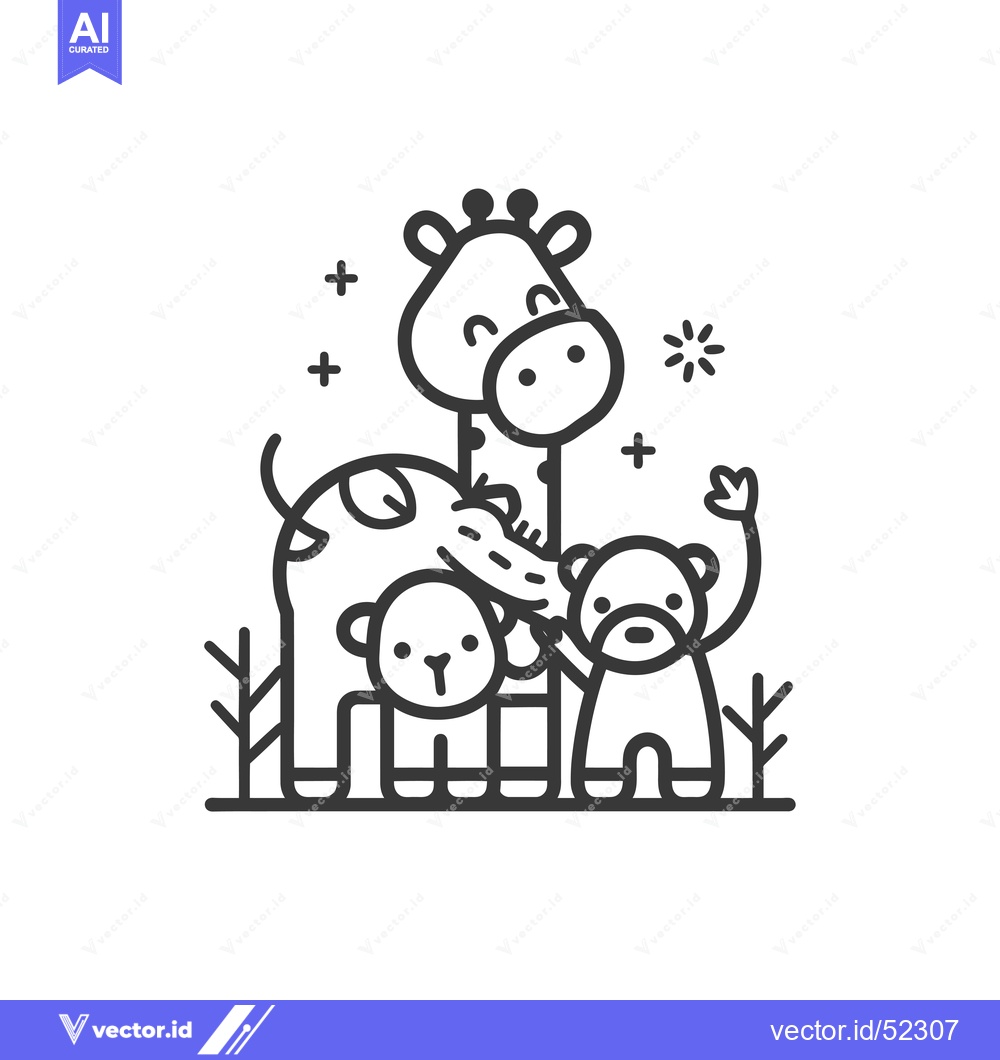 Premium Vector of Line Art Illustration of a Giraffe, Elephant, and Monkey