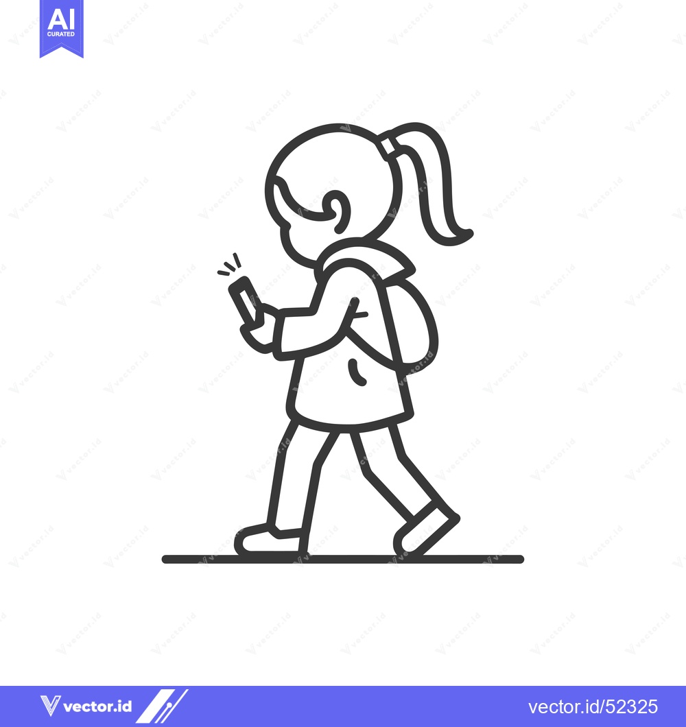 Premium Vector of Line art illustration of a girl walking and using a phone