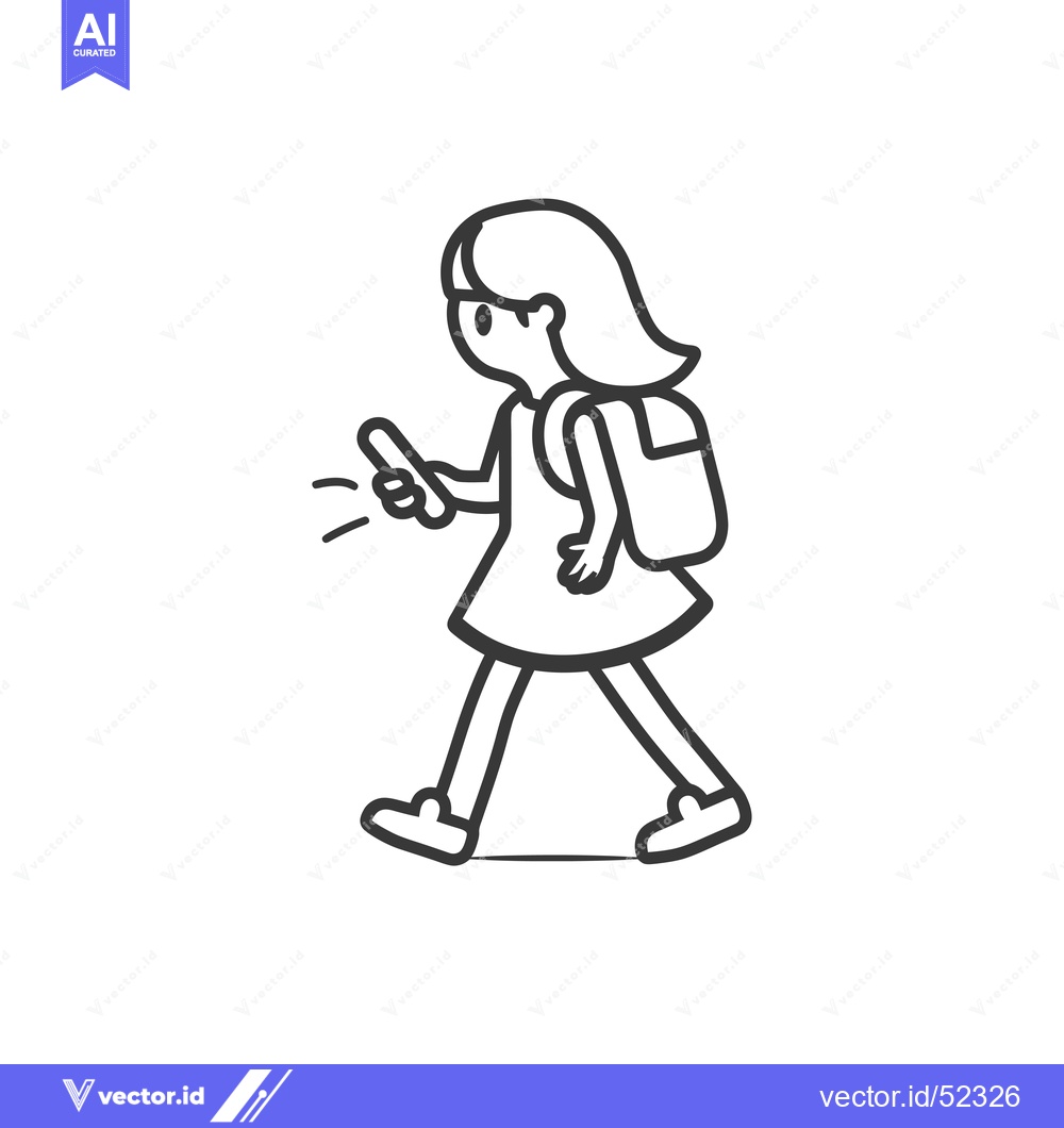 Premium Vector of Line art illustration of a girl walking while looking at her phone