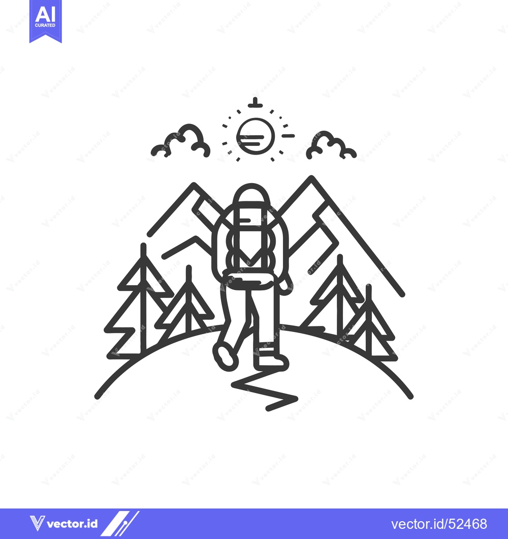 Premium Vector dari Line art illustration of a hiker with a backpack walking in the mounta