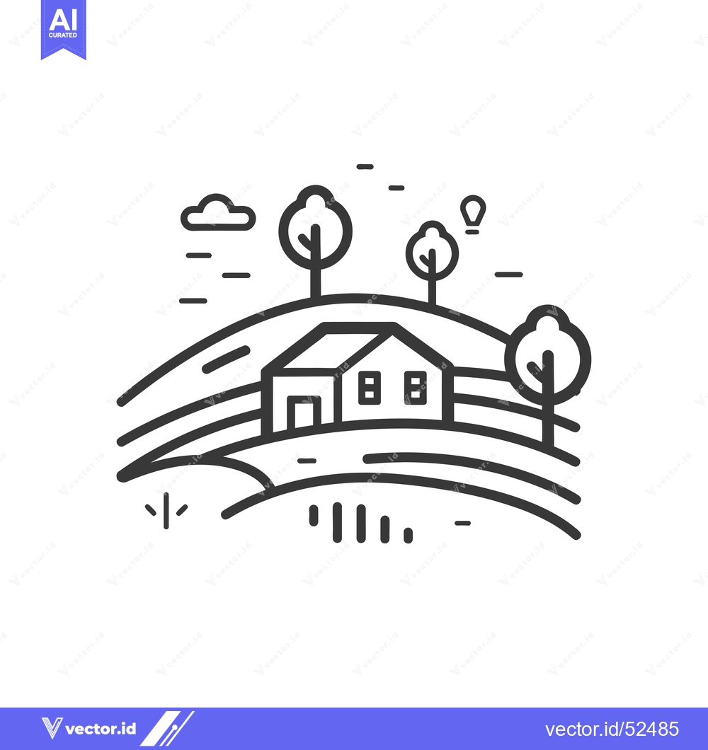 Premium Vector of Line Art Illustration of a House on a Hill with Trees and Clouds