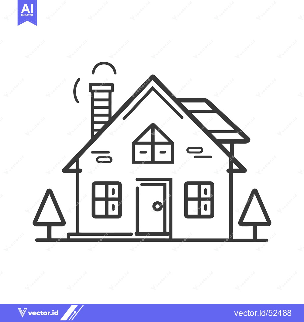 Premium Vector dari Line art illustration of a house with a chimney, door, windows and tre