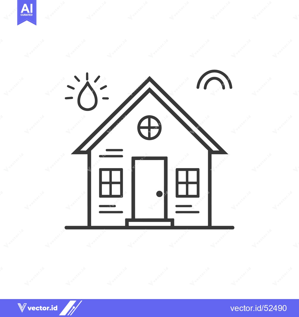 Premium Vector of Line art illustration of a house with a drop of water, a sun and a rai