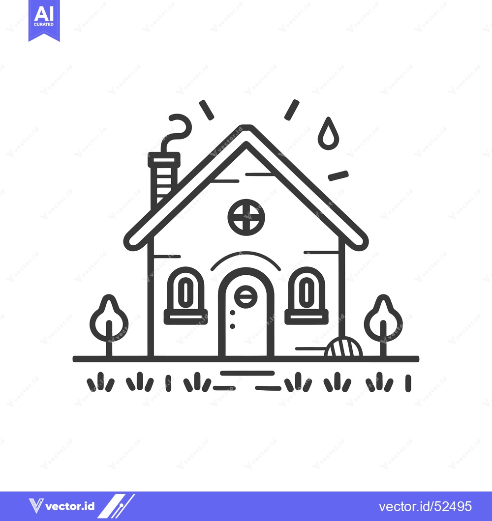 Premium Vector dari Line art illustration of a house with smoke, a raindrop, trees, and gr