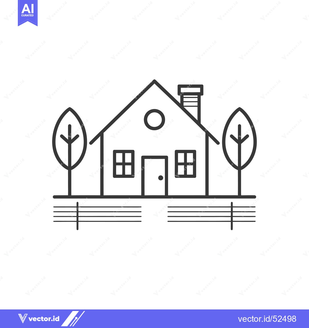 Premium Vector of Line Art Illustration of a House with Trees and Fence