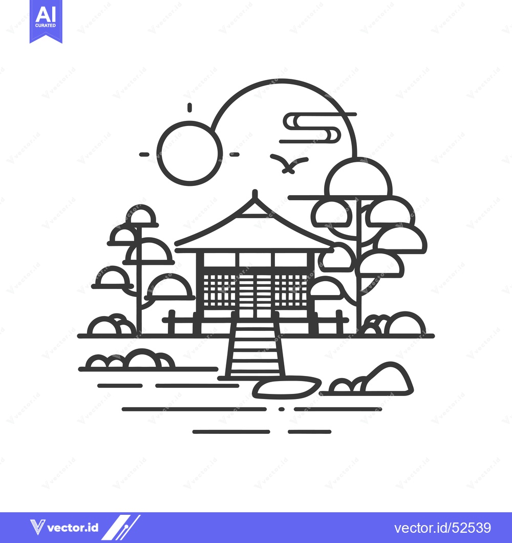 Premium Vector of Line Art Illustration of a Japanese Pavilion with a Sun, Birds, and Tr