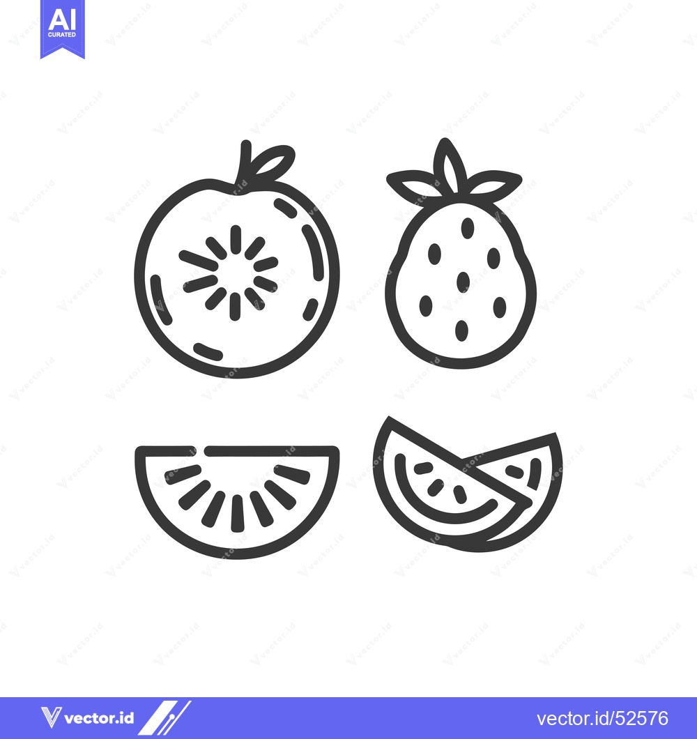 Premium Vector dari Line Art Illustration of a Kiwi, Strawberry and Slices of Watermelon