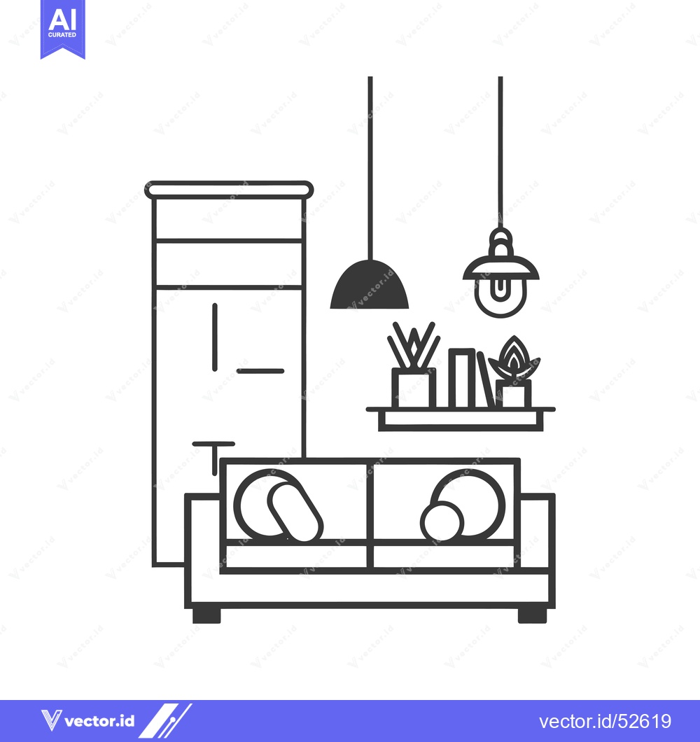 Premium Vector dari Line Art Illustration of a Living Room Interior with a Couch, Plants,
