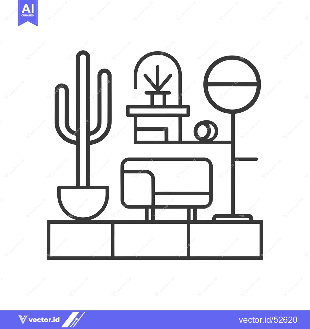 Premium Vector dari Line Art Illustration of a Living Room with a Cactus, Sofa, and Cat To
