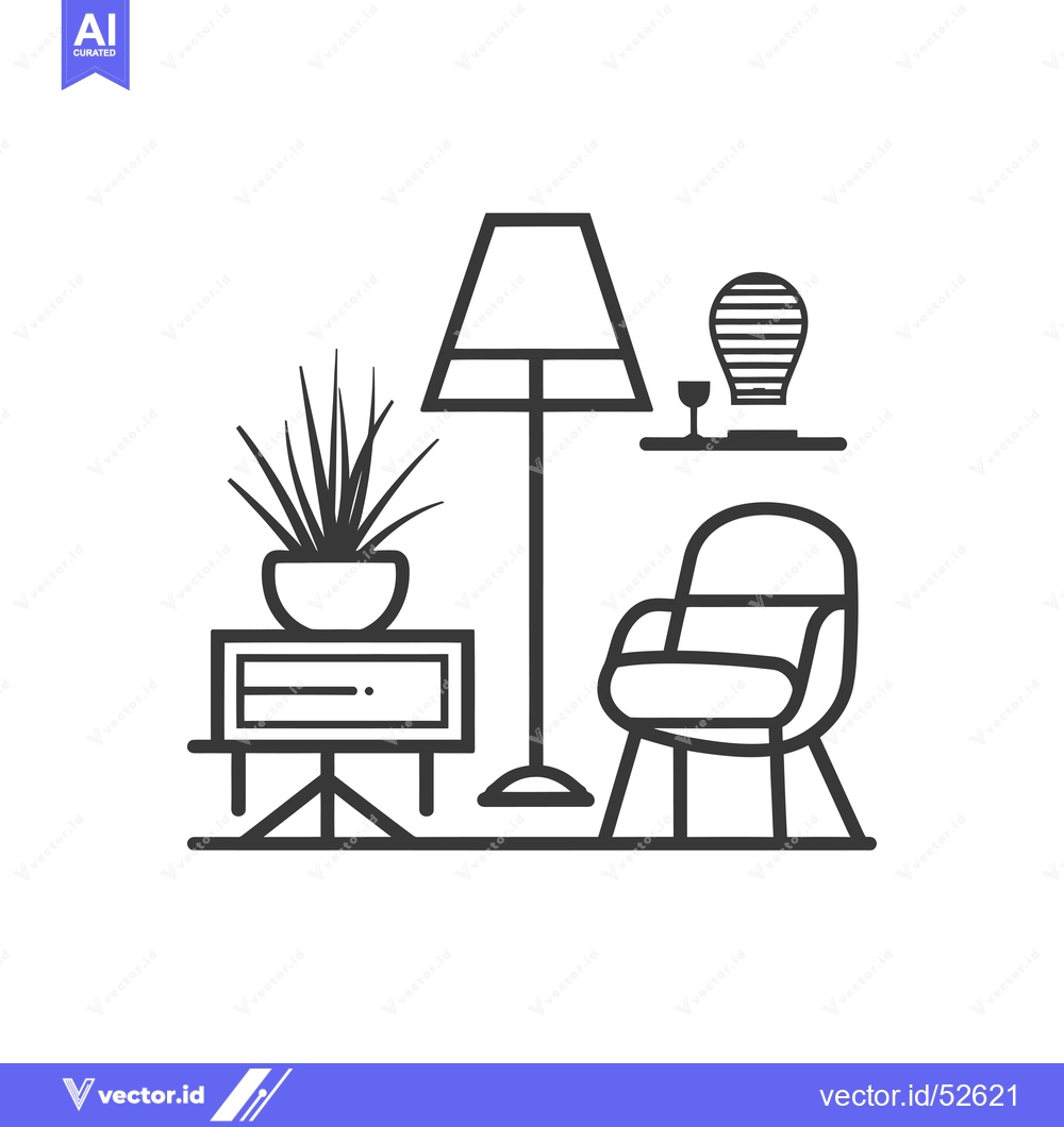 Premium Vector of Line Art Illustration of a Living Room with a Chair, Floor Lamp, and S