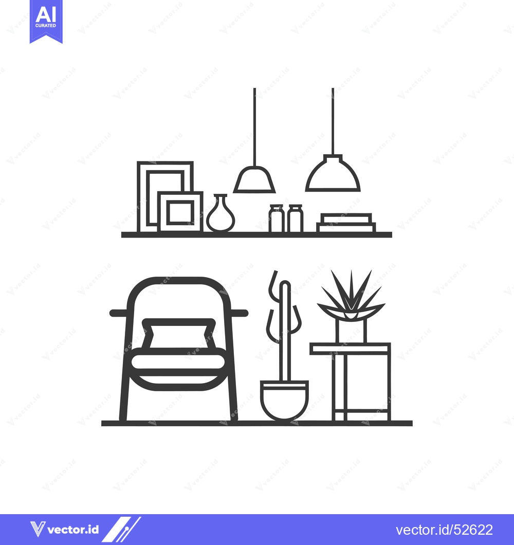Premium Vector of Line Art Illustration of a Living Room with a Chair, Plant, and Shelf