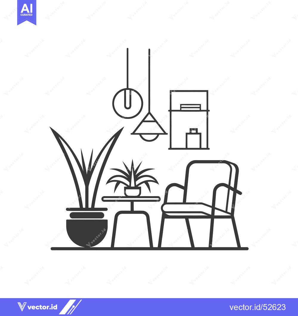 Premium Vector dari Line Art Illustration of a Living Room with a Chair, Plants, a Table,