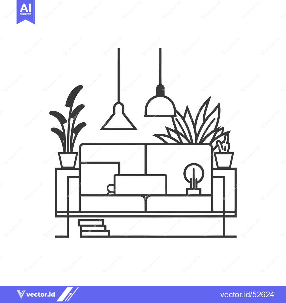 Premium Vector of Line art illustration of a living room with a couch, plants, and lamps